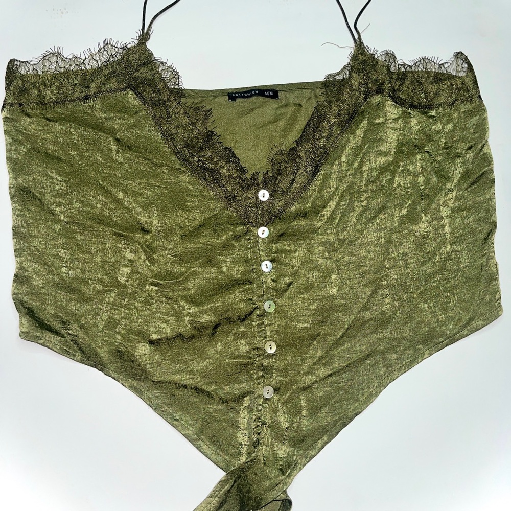 army green lace satin button up tank